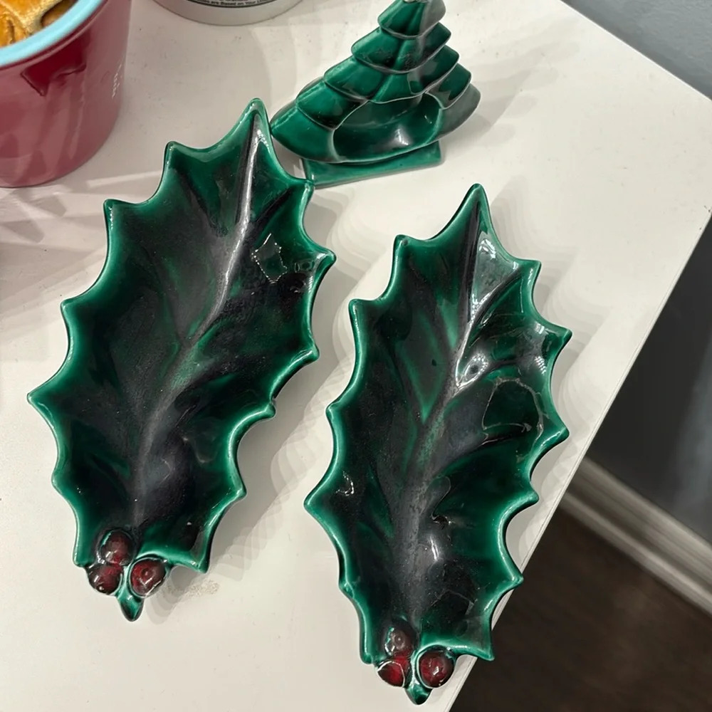 Three piece Christmas holiday ornaments ceramic set